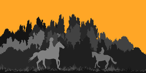 isolated silhouettes of riders against the dark forest