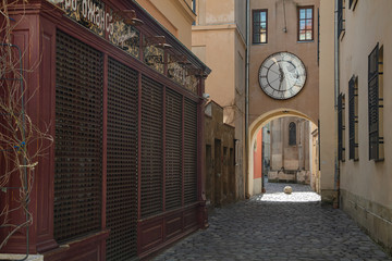 Empty Lviv streets during COVID-19 Quarantine. Para Dzhanov and Portwein Restaurant in armenian courtyard 