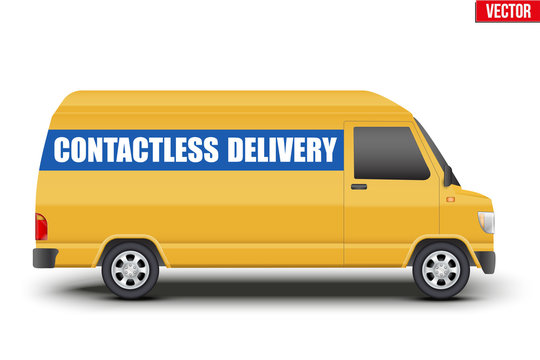 Contactless delivery curier transport. Yellow van with Contactless delivery tag. Vector illustration Isolated on white background.