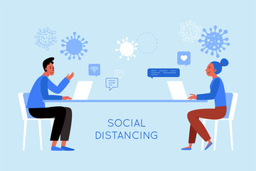 Vector illustration in flat simple style with character - novel coronavirus concept,  social distancing concept  - covid-19 -  illustration for infographics and banners