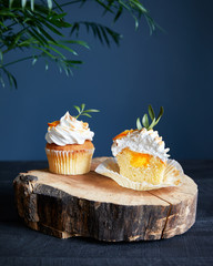 Homemade lemon cupcakes on dark background