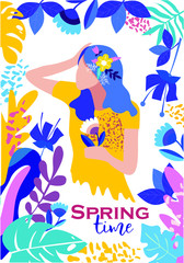 Fototapeta na wymiar Spring time. Illustration with a girl and flowers in a flat style.