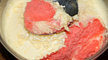 Close up Strawberry cheesecake on wooden background. Selective focus depth of field.(image contain certain grain or noise and soft focus when view at full resolution).