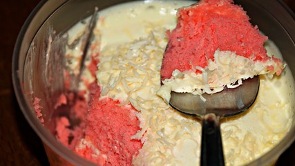 Close up Strawberry cheesecake on wooden background. Selective focus depth of field.(image contain certain grain or noise and soft focus when view at full resolution).