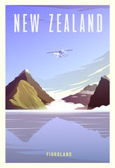 Zeit zum Reisen. Auf der ganzen Welt. Hochwertiges Vektorposter. Nationalpark Fiordland. © Red Monkey