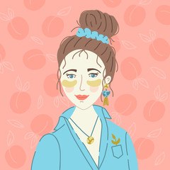 Care of yourself. Morning skin care. A girl with patches under her eyes. Self care concept.  Flat vector illustration.