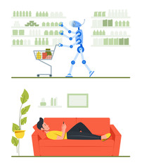 Robot goes shopping in the supermarket. Color vector illustration