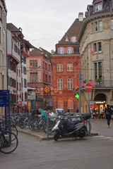 Fototapeta na wymiar Street view with Christmas decoration in Old City in Basel
