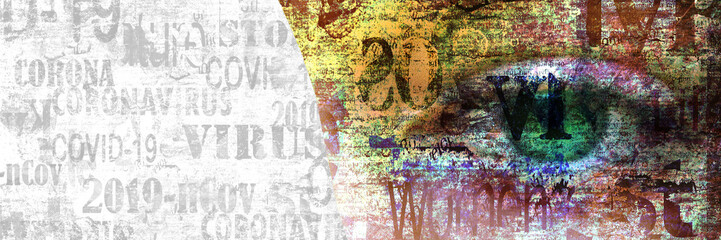Beautiful woman with green eyes with newspaper print texture, coronavirus lettering background