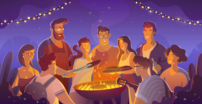 People And Food Concept - Happy Friends Having Meat For Dinner At Summer Garden Party At Night.