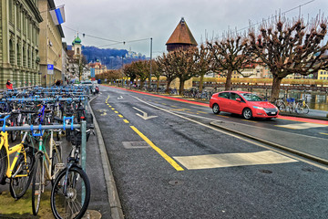 Colorful bicycles on the Reuss embankment