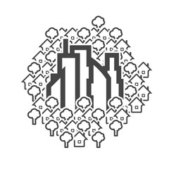 Big city and suburbs around it with gardens. Vector flat line icon. Monochrome illustration.