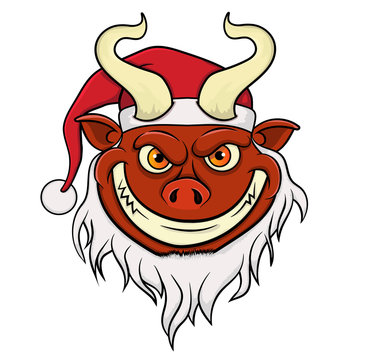 cartoon krampus face in christmas hat.isolated on white background vector stock illustration