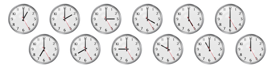 Set of round clocks showing various time. World clock set, time zones. Realistic vector illustration. The clock shows different times of the day from one to twelve.