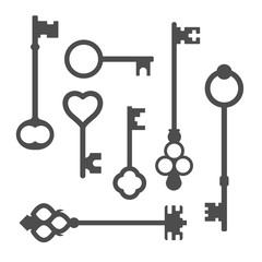 A set of vintage keys. Silhouette vector illustration.
