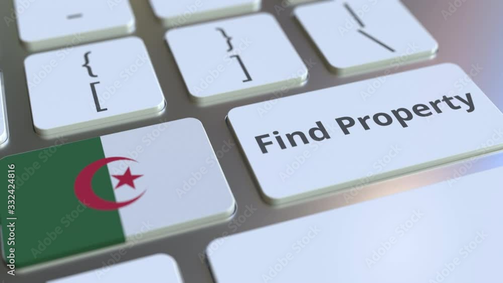 Poster find property text and flag of algeria on the keyboard. online real estate service related conceptua