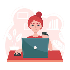 Girl with a laptop sits at a table. Concept of freelance, job at home. Stay at home. Prevention of coronavirus. Temporary isolation, quarantine. Flat vector illustration.