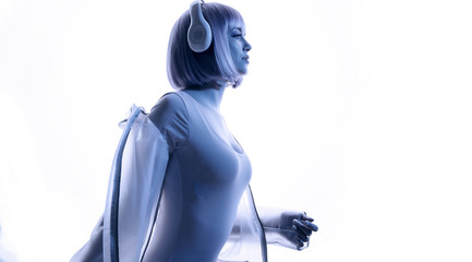 Beautiful woman in futuristic costume over white background. Blue neon light. Portrait of young girl in modern headphones listening music. Free space for text.