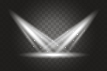 Two spotlights on dark checkered background. Spotlights vector effect. Spotlights lighting design template, empty scene.