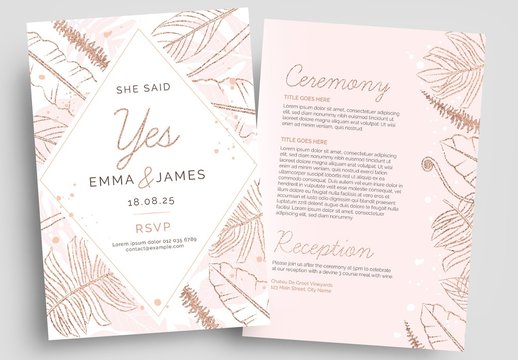 Rose Gold Wedding Flyer Layout with Foliage Illustrations