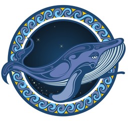 Blue whale vector round illustration. Big wave and sea fish in vintage style.