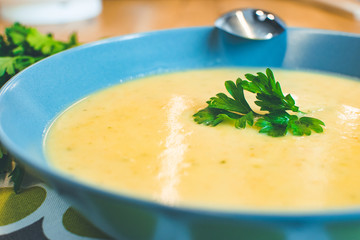 Delicious homemade cream soup from patatos, bio organic food