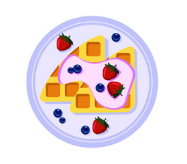 Belgian waffles with cream and berries. Flat vector illustration. The view from the top. EPS 10.