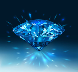 Beautiful blue gemstone sapphire on a dark blue background. Vector illustration.