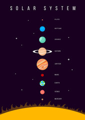 Obraz na płótnie Canvas Vector creative vertical illustration of planet of solar system on black background with sun. Celestial objects in outer space. Astronomical bodies in galaxy.