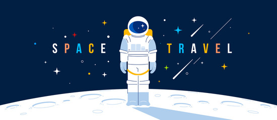 Vector creative illustration of astronaut in spacesuit making spacewalk on moon. Cosmonaut exploring outer space on dark background with header. © wowomnom