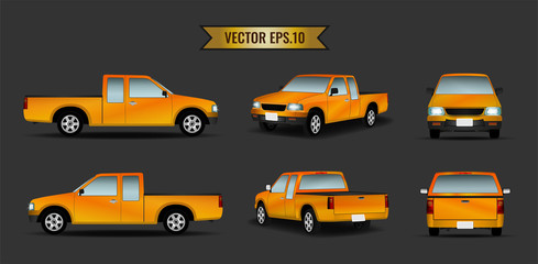 Car pickup mockup realistic orange isolated on the background. Ready to apply to your design. Vector illustration.