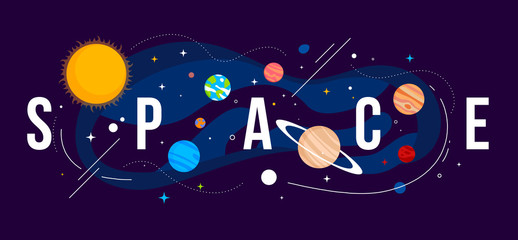 Vector creative illustration of astronomical bodies and sun on dark background with word space. Celestial objects in outer space. Planet of solar system in galaxy.