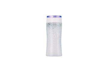 Shampoo bottle isolated on a white background. Plastic bottle with soap bubbles without a label.