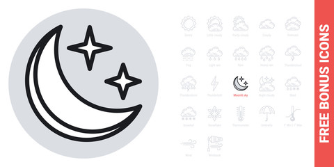 Starry and moonlit sky icon for weather forecast application or widget. Moon and stars in the night sky. Simple black and white version. Free bonus icons kit included