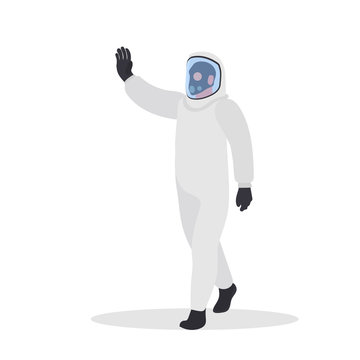 A man in a white protective suit shows a stop. Isolated on a white background. Vector flat style.