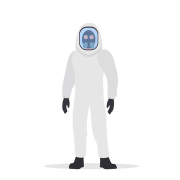 A man in a white protective suit is isolated on a white background. Flat style. Vector.