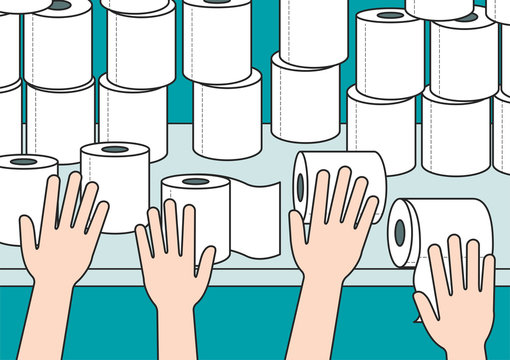 Hands Reach For Toilet Paper On A Shelf In A Store. The Concept Of High Demand And Hype. Vector Illustration