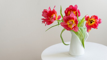 Red tulips bouquet in white vase on light background. Holiday background, copy space. Valentine Day, Mothers day, birthday concept. Side view