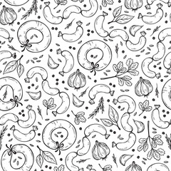 Naklejka premium Meat products and seasonings. Vector Food background. Sausages Seamless pattern. Hand drawn Frankfurters and Spices (black peppercorns, caraway seeds, garlic, parsley, bay leaf