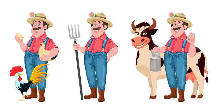 Farmer Cartoon Character, Set Of Three Poses