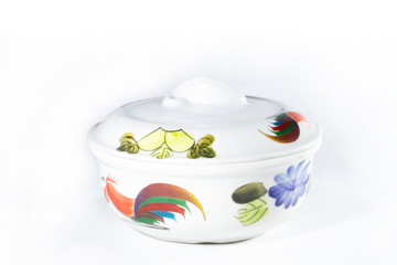 Mini bowl with chicken ornament isolated white background