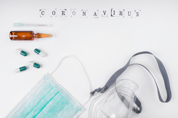 ampoule, medicine, needle, injection, pills, face mask, coronovirus concept