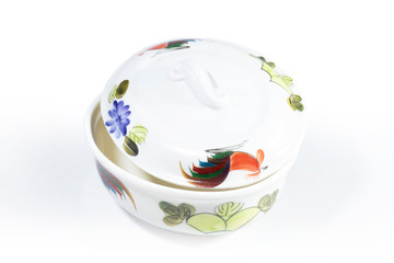 Mini bowl with chicken ornament isolated white background