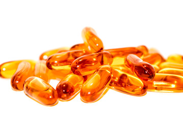 Omega 3 fish oil softgel capsules isolated on white background