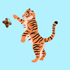 A tiger is playing with a butterfly. Vector graphics
