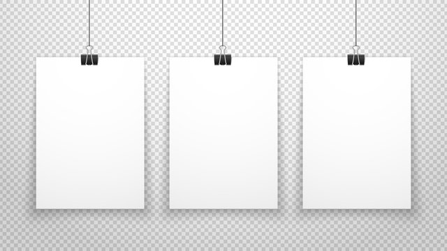 Paper poster. White blanks sheets hanging on wall. Three posters template isolated on transparent background. Vector clean mockup. Blank paper poster, showing collection gallery mockup illustration