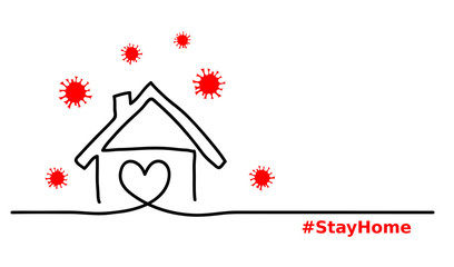 Stay home simple, minimalist black ,red, white web banner,illustration with home and virus. One continuous line drawing. Stay home hashtag.