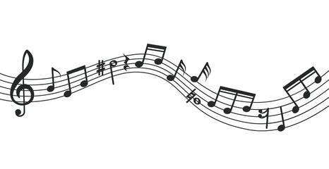 Music note wave. Notes background, musical poster. Isolated abstract stave, treble clef and sound icons. Vector soundtrack illustration. Music note curve, musician line decoration symphony