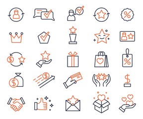 Loyalty program. Shopping bonus system icons. Gifts and rewards for customers, lottery prizes. Exchanging card, marketing vector symbols set. Program bonus, reward and loyalty collect illustration