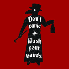 Plague doctor vintage illustration crow mask wash your hands don't panic